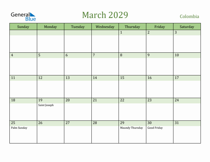 March 2029 Calendar with Colombia Holidays