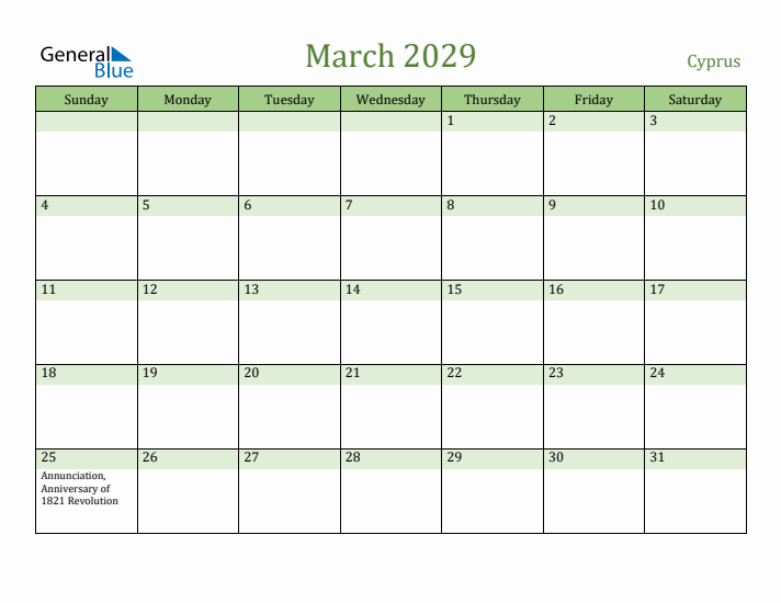 March 2029 Calendar with Cyprus Holidays