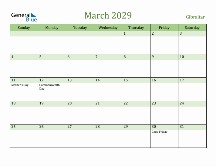 March 2029 Calendar with Gibraltar Holidays