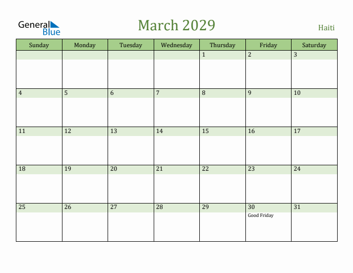 March 2029 Calendar with Haiti Holidays