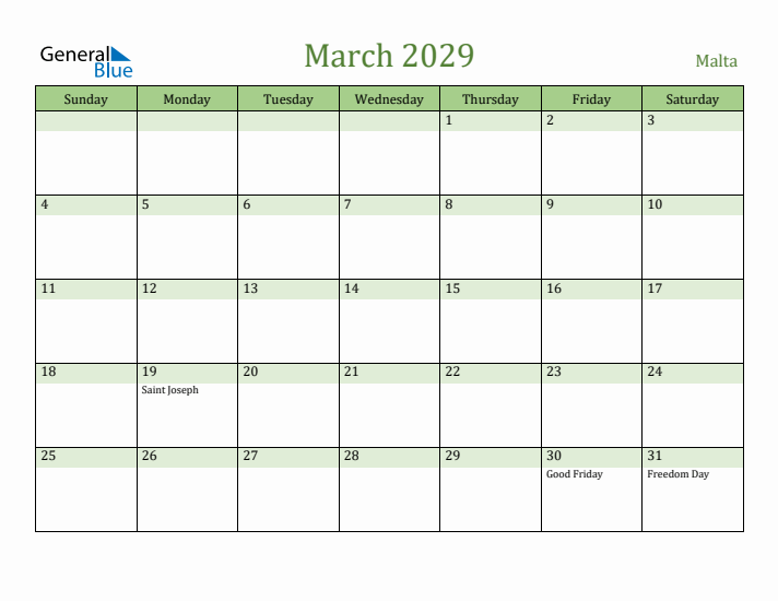 March 2029 Calendar with Malta Holidays