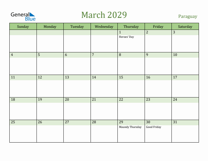 March 2029 Calendar with Paraguay Holidays