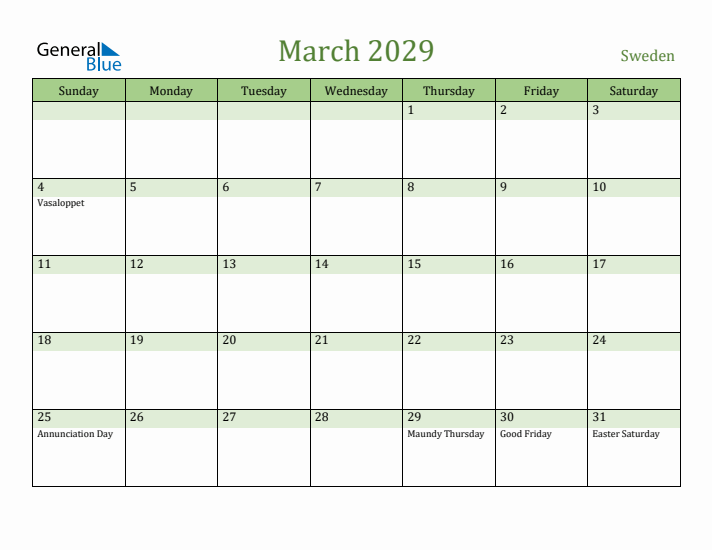 March 2029 Calendar with Sweden Holidays