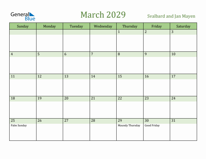 March 2029 Calendar with Svalbard and Jan Mayen Holidays