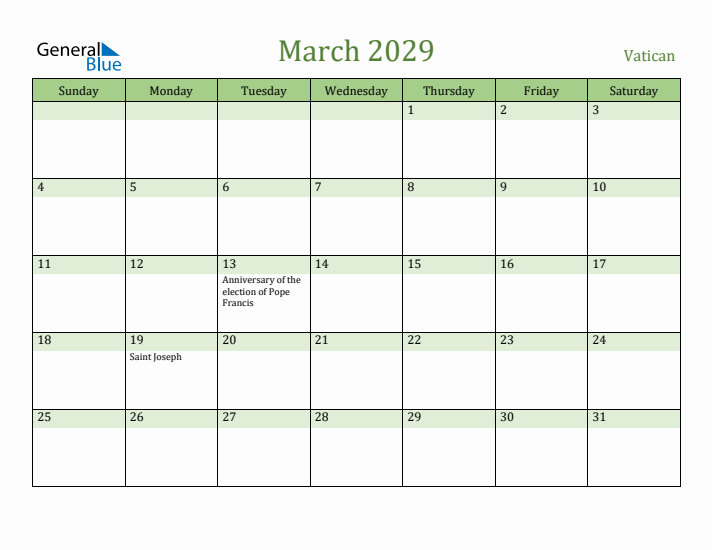 March 2029 Calendar with Vatican Holidays