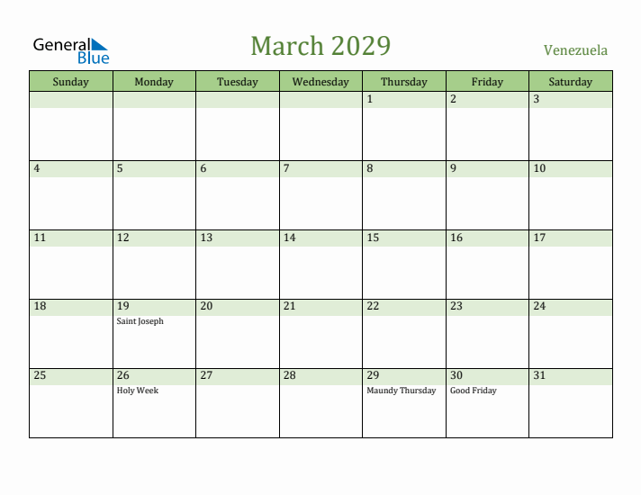 March 2029 Calendar with Venezuela Holidays