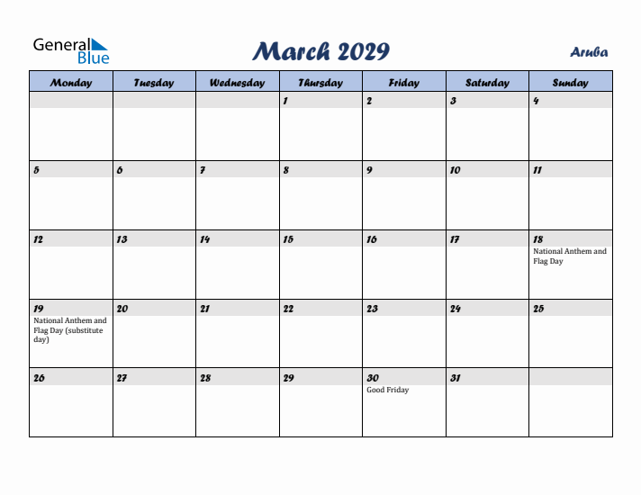 March 2029 Calendar with Holidays in Aruba