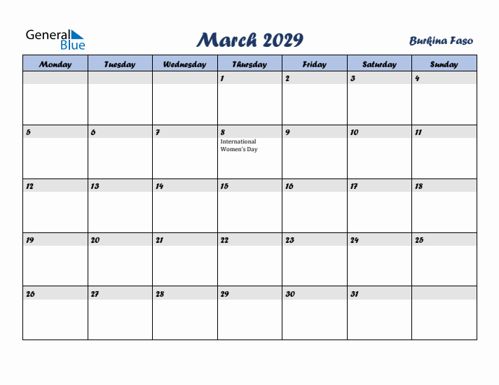 March 2029 Calendar with Holidays in Burkina Faso
