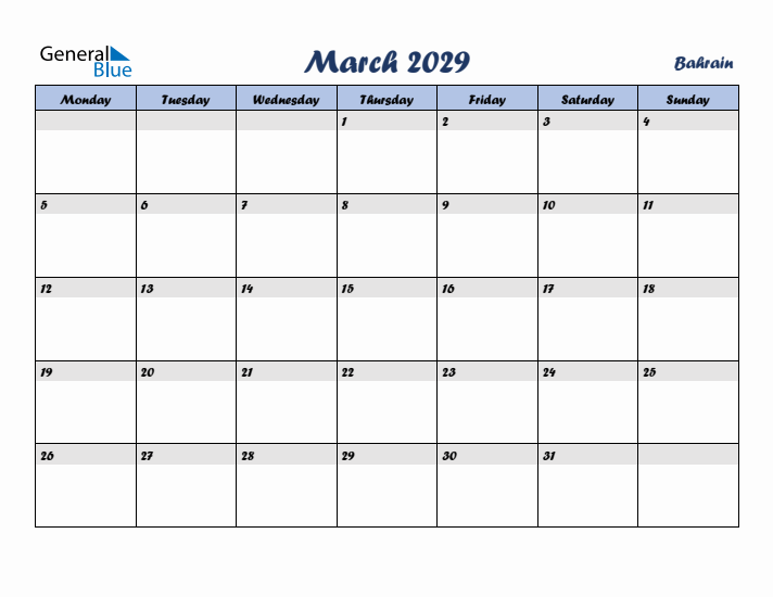 March 2029 Calendar with Holidays in Bahrain