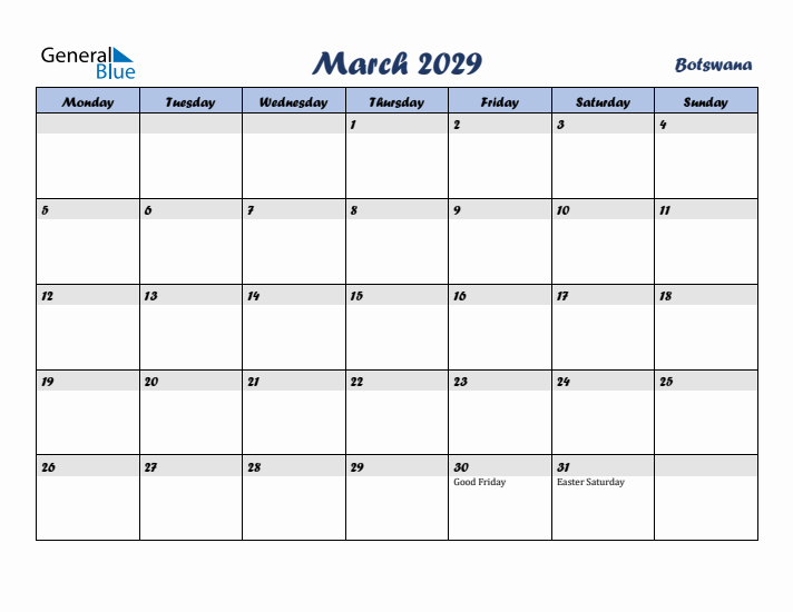 March 2029 Calendar with Holidays in Botswana