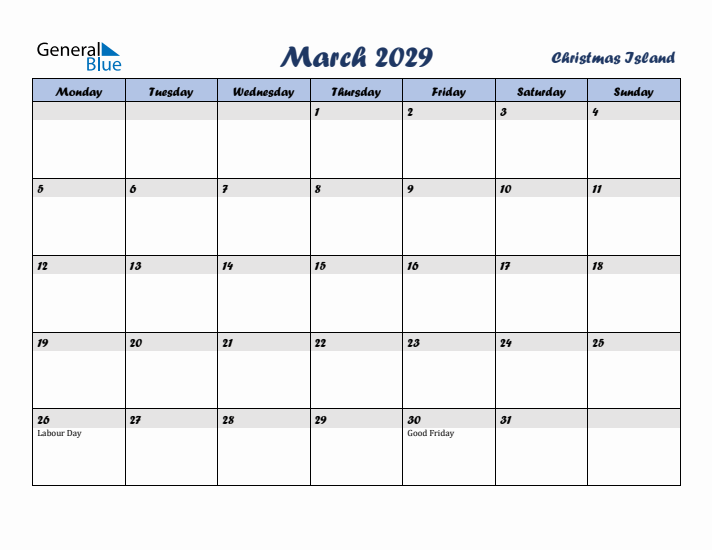 March 2029 Calendar with Holidays in Christmas Island
