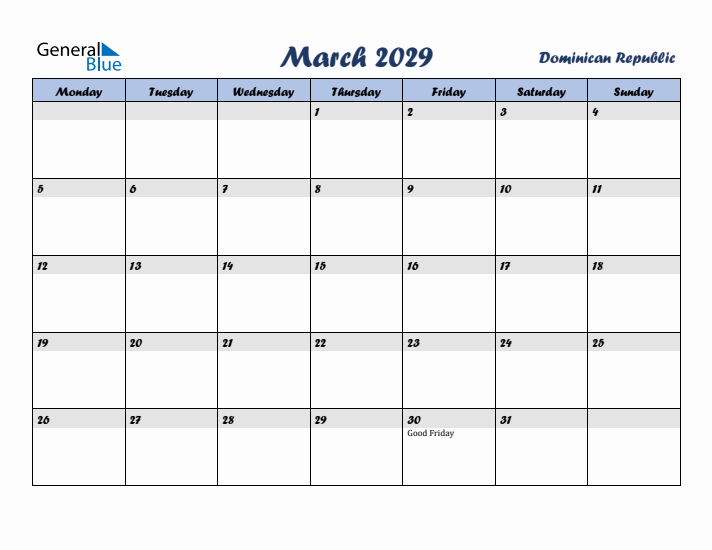 March 2029 Calendar with Holidays in Dominican Republic