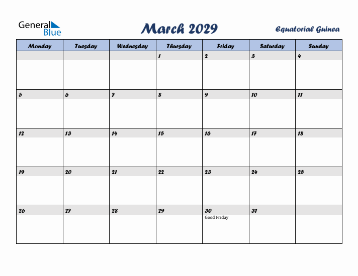 March 2029 Calendar with Holidays in Equatorial Guinea