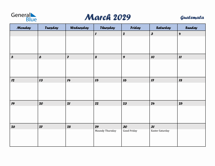 March 2029 Calendar with Holidays in Guatemala