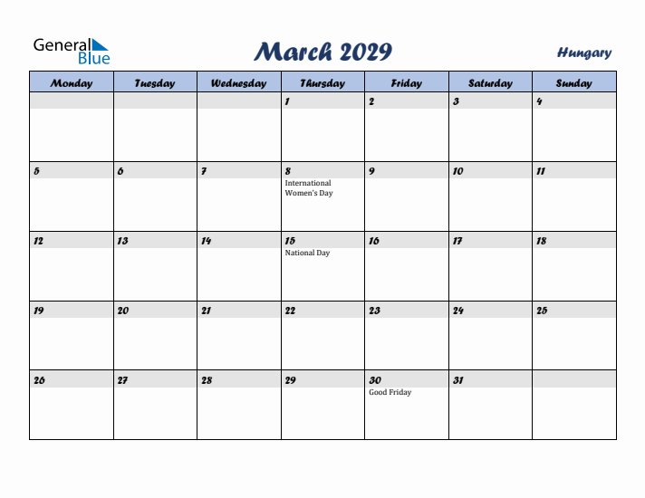 March 2029 Calendar with Holidays in Hungary
