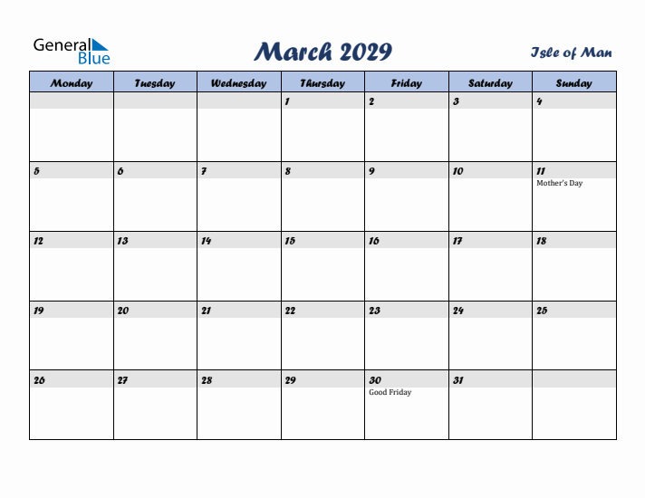 March 2029 Calendar with Holidays in Isle of Man