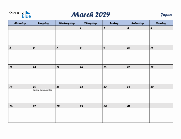 March 2029 Calendar with Holidays in Japan