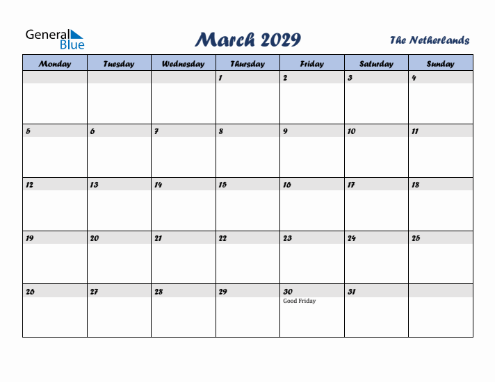 March 2029 Calendar with Holidays in The Netherlands