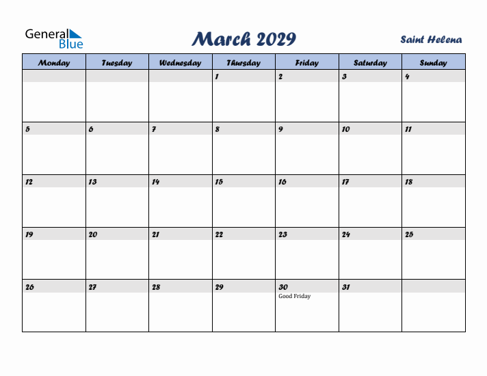 March 2029 Calendar with Holidays in Saint Helena