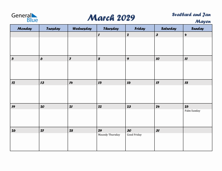 March 2029 Calendar with Holidays in Svalbard and Jan Mayen