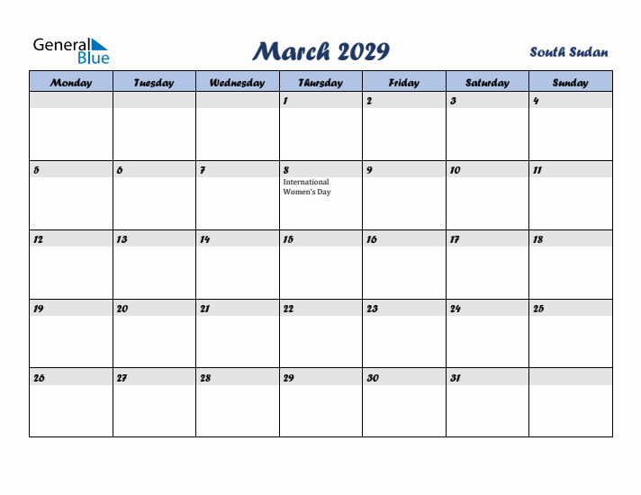 March 2029 Calendar with Holidays in South Sudan