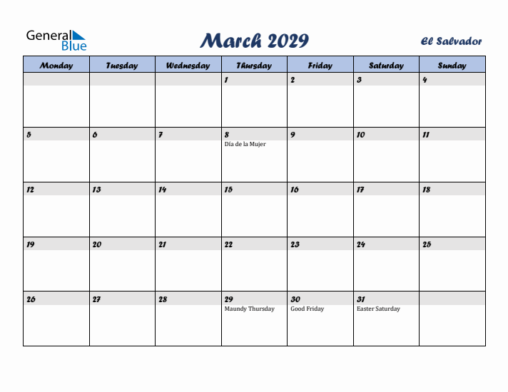 March 2029 Calendar with Holidays in El Salvador