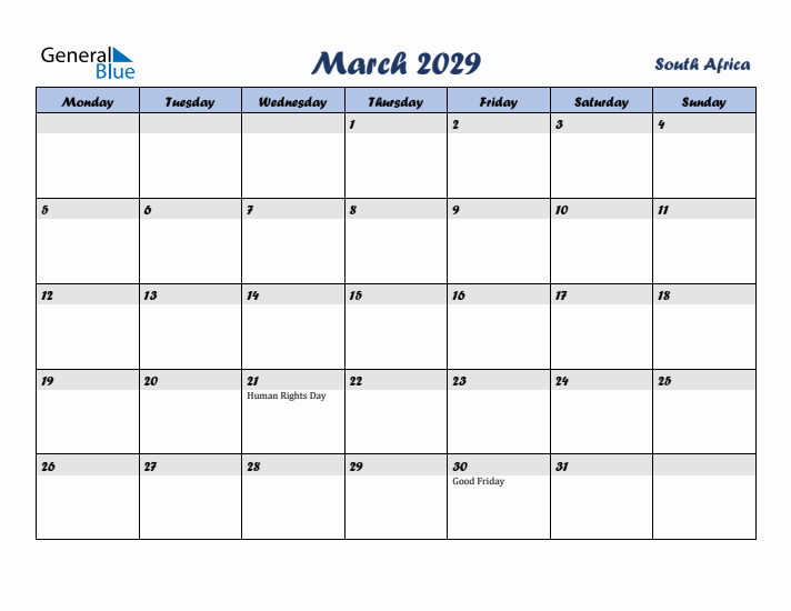 March 2029 Calendar with Holidays in South Africa