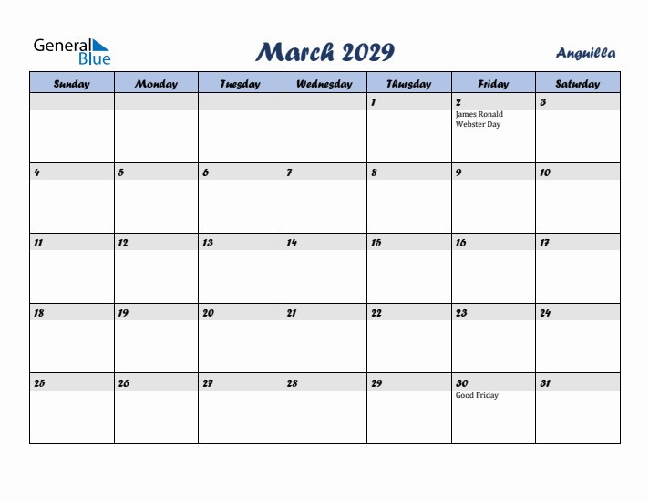 March 2029 Calendar with Holidays in Anguilla