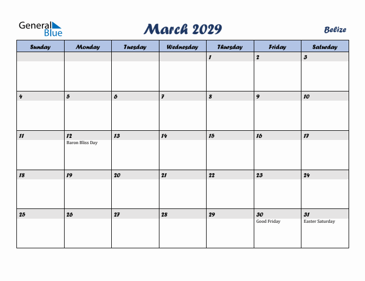 March 2029 Calendar with Holidays in Belize