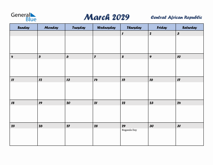 March 2029 Calendar with Holidays in Central African Republic