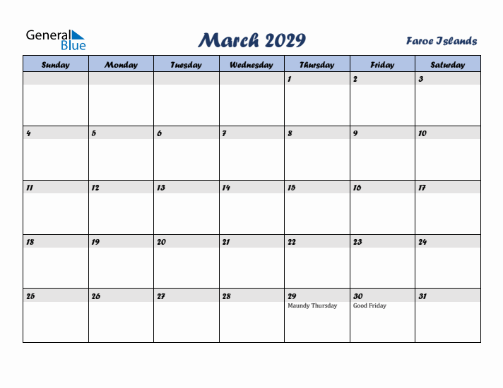 March 2029 Calendar with Holidays in Faroe Islands
