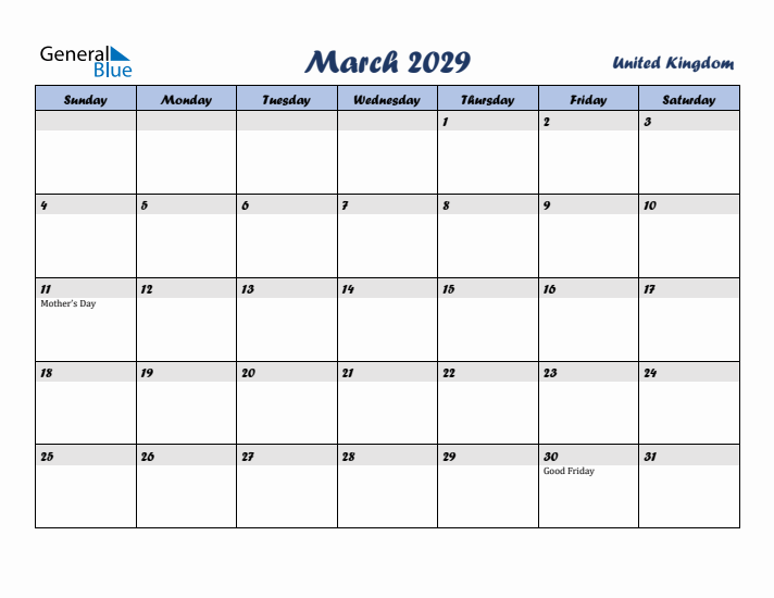 March 2029 Calendar with Holidays in United Kingdom
