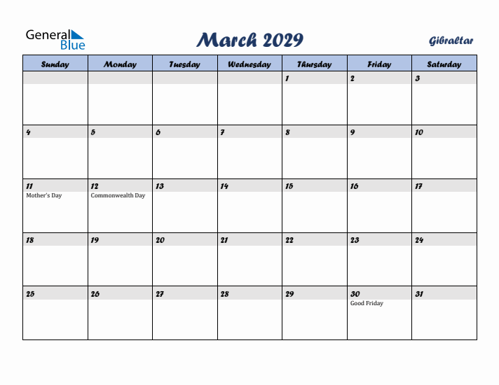 March 2029 Calendar with Holidays in Gibraltar