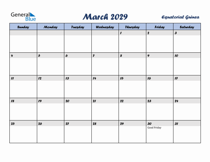 March 2029 Calendar with Holidays in Equatorial Guinea