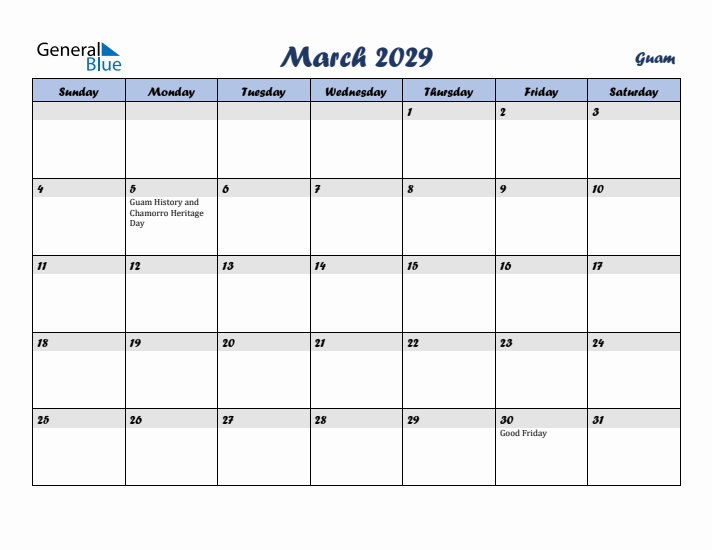 March 2029 Calendar with Holidays in Guam