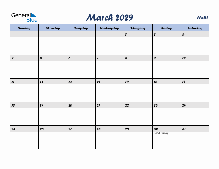 March 2029 Calendar with Holidays in Haiti