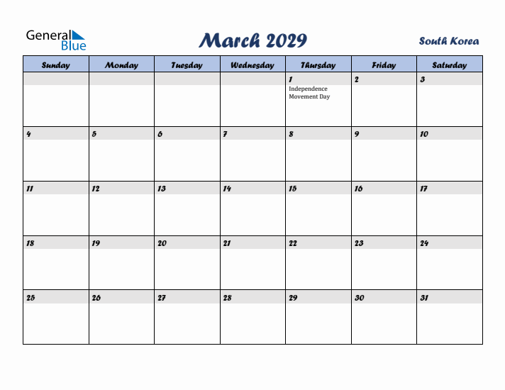 March 2029 Calendar with Holidays in South Korea