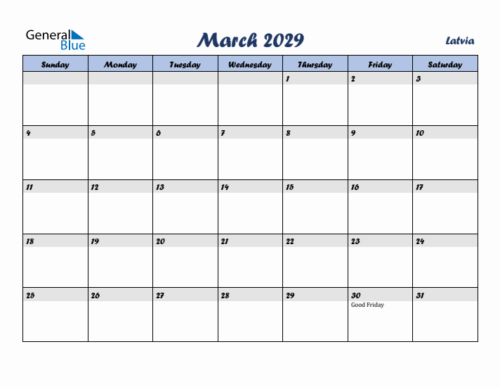 March 2029 Calendar with Holidays in Latvia