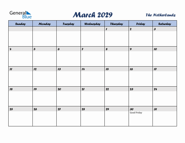 March 2029 Calendar with Holidays in The Netherlands