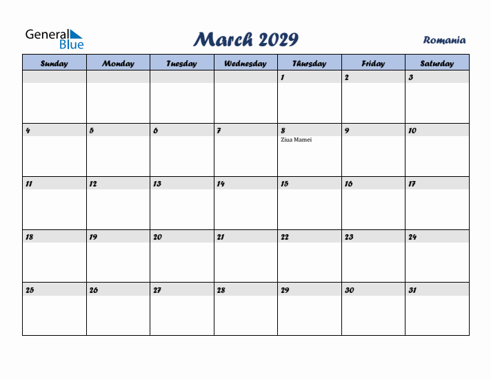 March 2029 Calendar with Holidays in Romania