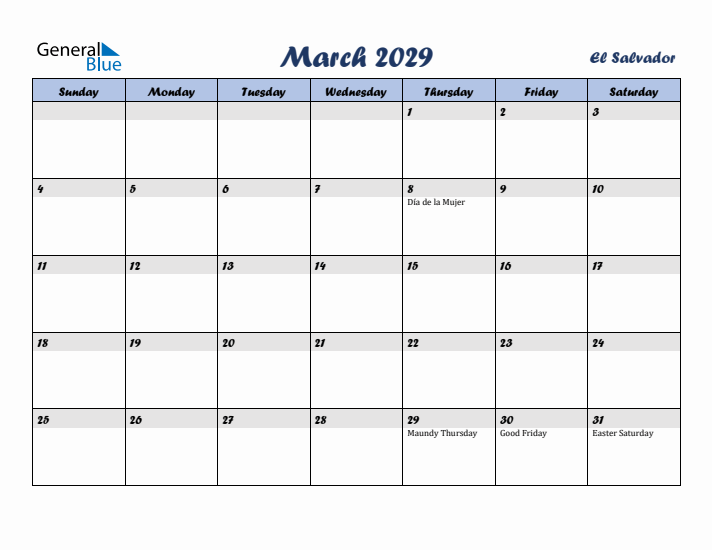 March 2029 Calendar with Holidays in El Salvador