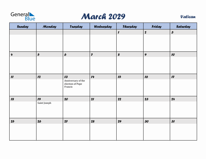March 2029 Calendar with Holidays in Vatican