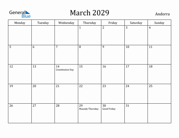 March 2029 Calendar Andorra