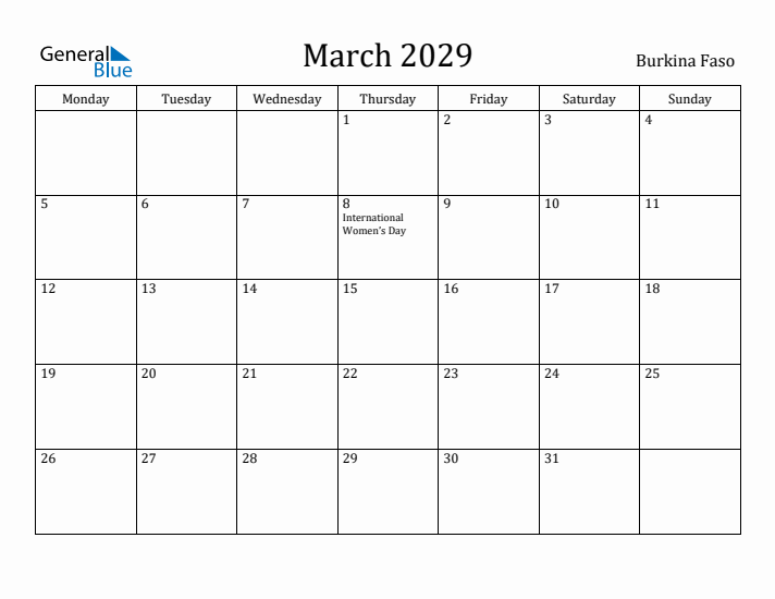 March 2029 Calendar Burkina Faso