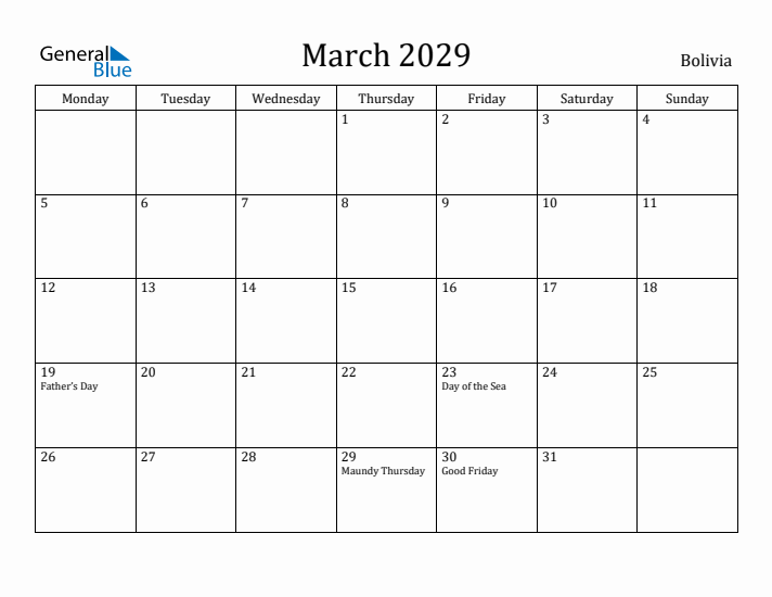 March 2029 Calendar Bolivia
