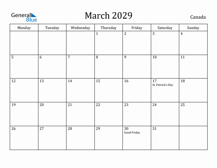 March 2029 Calendar Canada