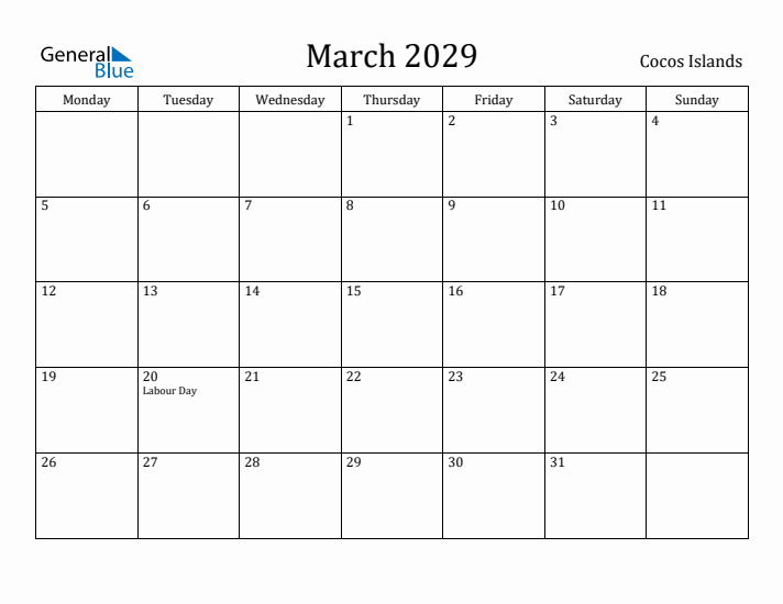 March 2029 Calendar Cocos Islands