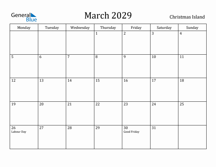 March 2029 Calendar Christmas Island