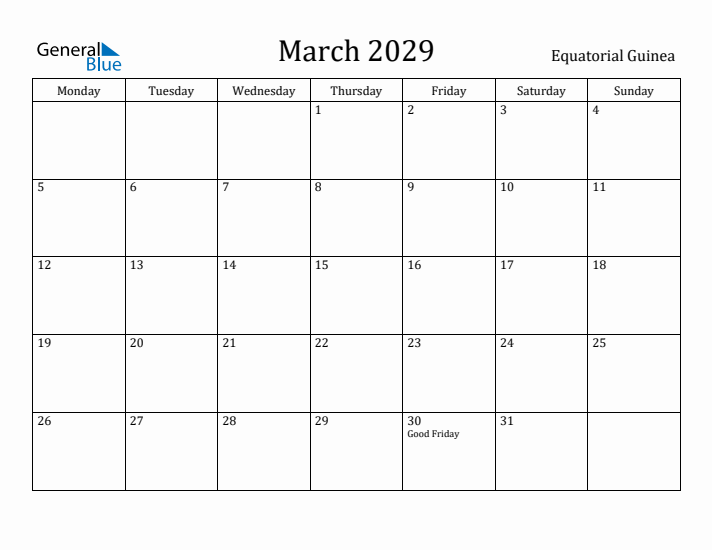 March 2029 Calendar Equatorial Guinea