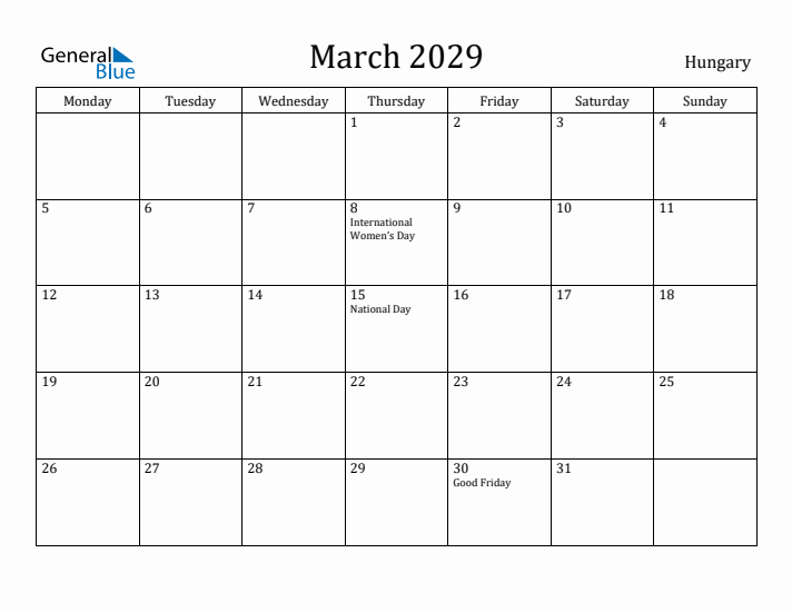March 2029 Calendar Hungary